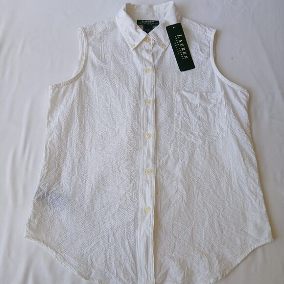 Ralph Lauren Petite 8 Shirt  Sleeveless Button Up LRL Embroidered White NWT - Picture 1 of 6